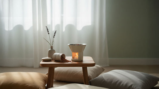 A serene morning meditation space with natural light filtering through soft curtains. A small wooden table holds a Soul Space incense warmer, dried botanicals, and a vase with lavender beside floor cushions, creating a calm and mindful ritual setting.