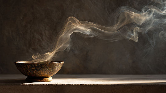 A small bronze bowl releasing soft trails of frankincense smoke in warm natural light against a neutral stone background, evoking calm and sacred simplicity.