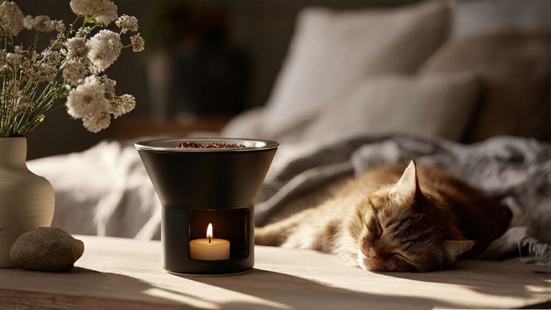 A calm home scene with a cat resting near a ceramic incense warmer lit by a small tealight candle. Soft sunlight and natural textures of linen and wood create a peaceful, shared atmosphere.