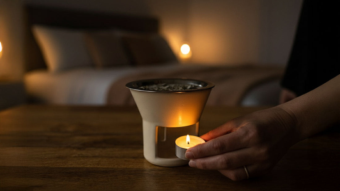 A hand lighting a small candle beneath a ceramic incense warmer on a wooden bedside table, with a softly lit bedroom in the background.