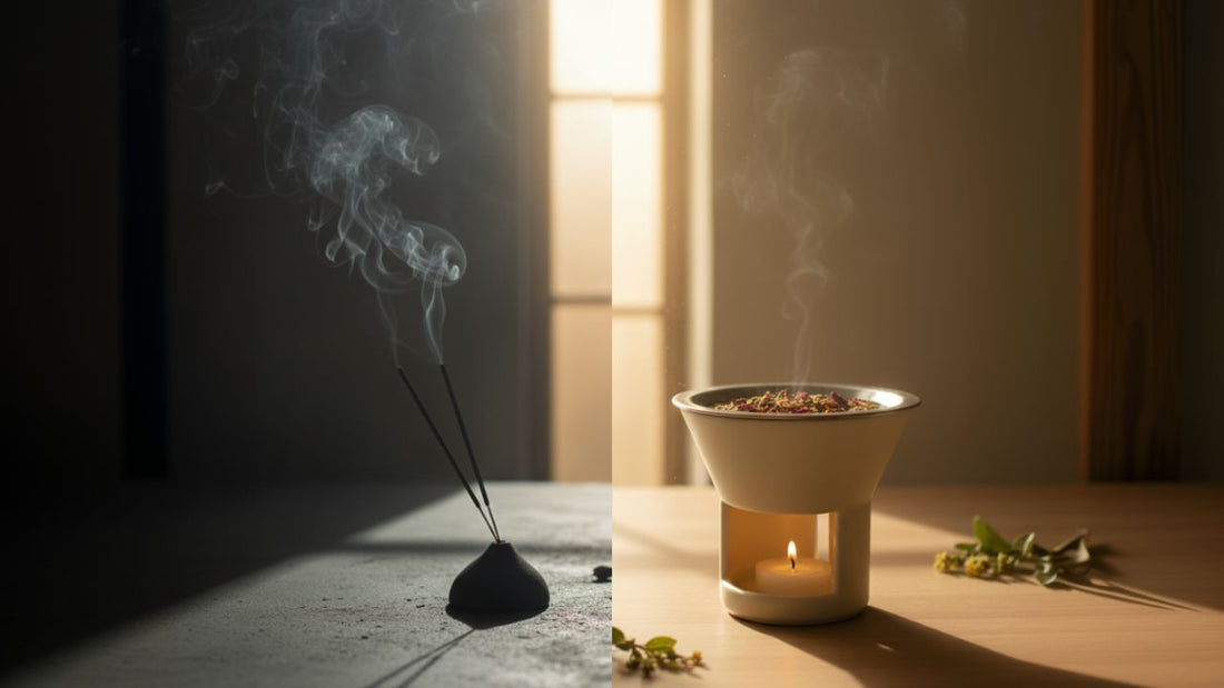 Side-by-side image comparing traditional incense sticks releasing dark smoke on the left and a clean heat-release incense warmer with soft vapor and candlelight on the right, symbolizing toxic versus clean incense.