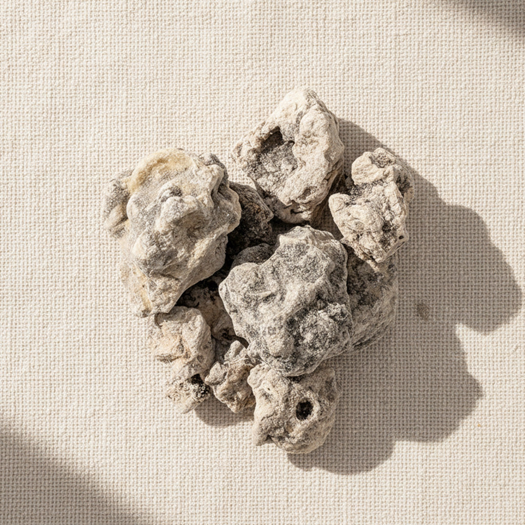 Close-up of Breu Copal resin chunks with warm natural light, showing the rough, porous texture and gentle grey-white tone of the aromatic resin.