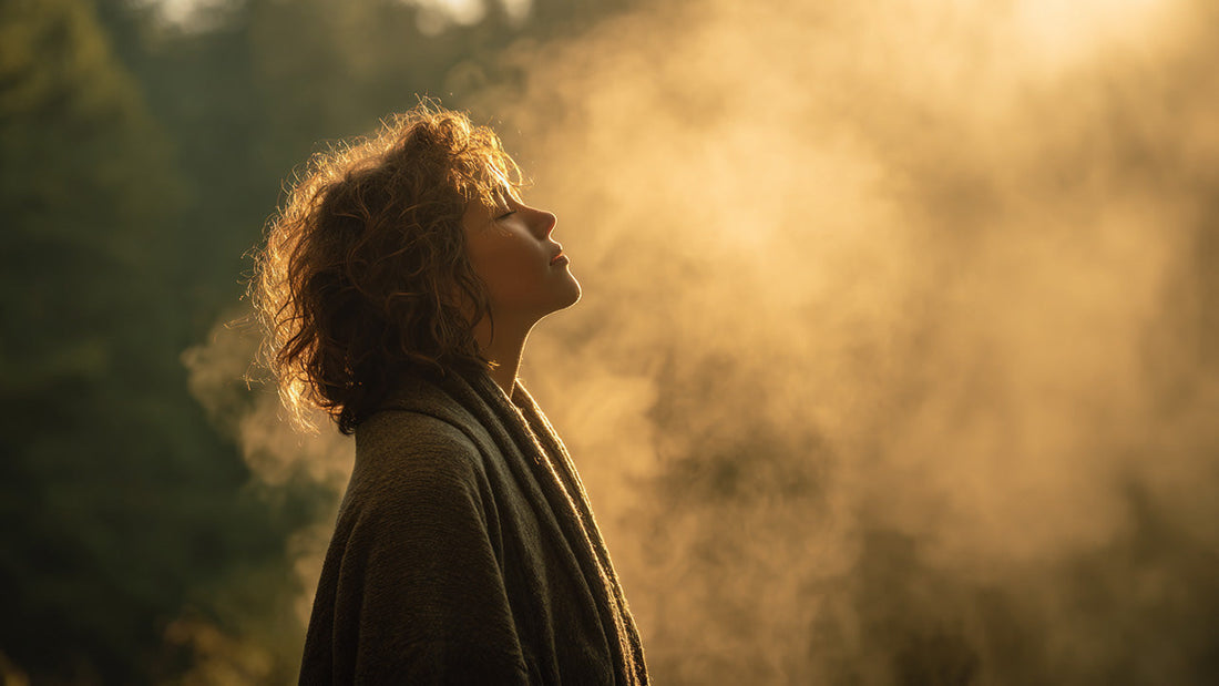 A person standing in soft morning light taking a slow mindful breath outdoors surrounded by golden mist and calm air a serene moment of stillness and presence.