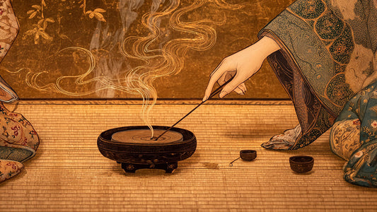 Close-up of a Heian era incense ceremony showing a hand gently placing incense on a burner, soft smoke rising over tatami mats, and patterned silk robes in traditional Japanese style.