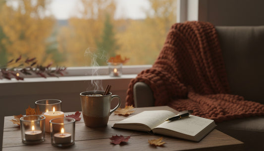 Cozy autumn wellness ritual scene with candlelight, herbal tea, journaling, and fall leaves for mindfulness and balance.