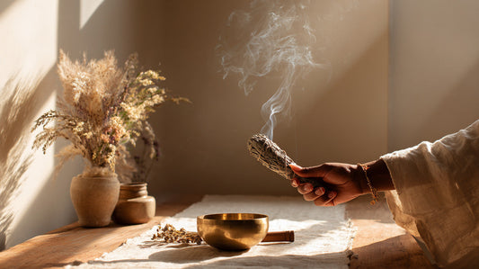 A person’s hand gently holding a bundle of herbs with soft smoke rising above a brass singing bowl on a sunlit table, symbolizing cleansing a space with smoke, sound, and intention.