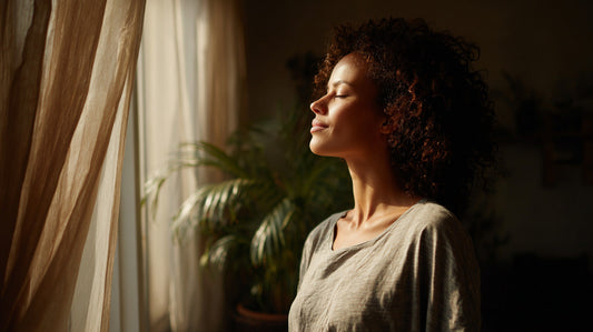 Woman standing by a sunlit window, eyes closed and breathing mindfully in a calm home setting