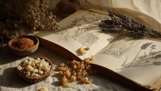 Open herbal manuscript with sketches of lavender surrounded by frankincense, myrrh, and dried botanicals in warm natural light.