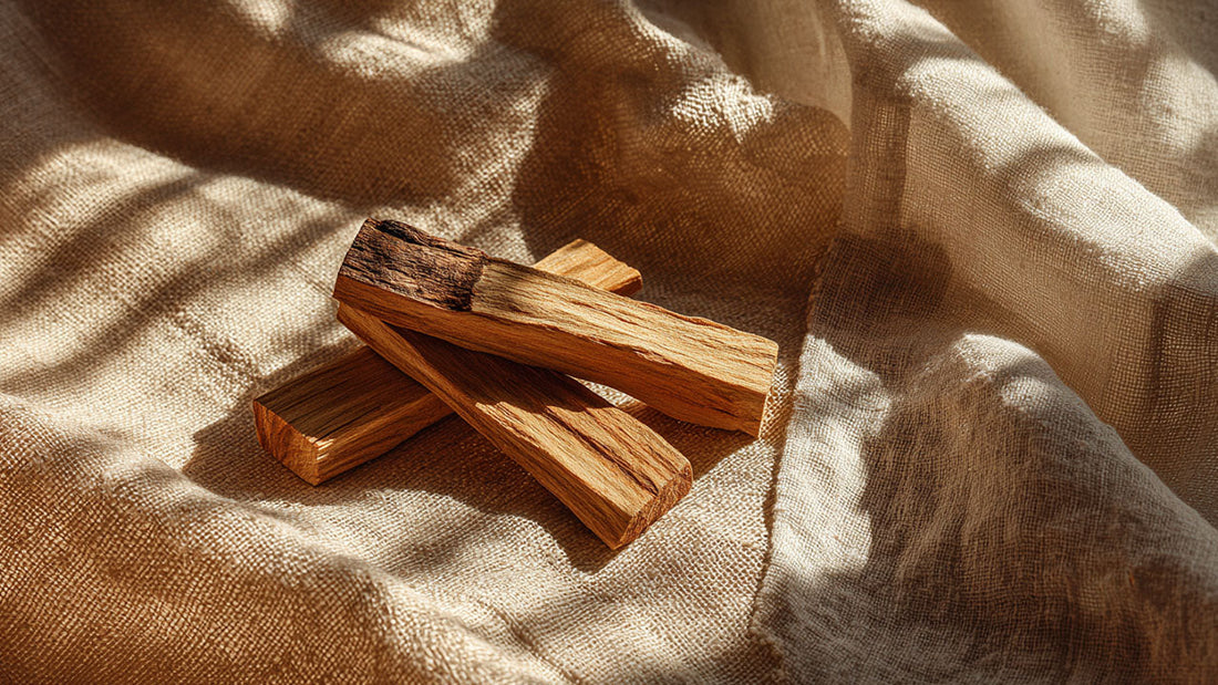 Palo Santo wood resting on soft linen fabric in warm natural light, highlighting its golden grain and natural texture.