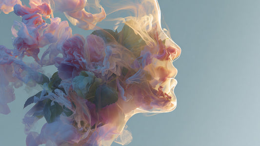 Abstract visual of a human profile dissolving into soft floral smoke, symbolizing the connection between scent, the brain, and emotional calm.