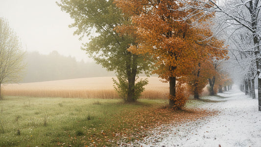 A panoramic nature scene showing the transition of seasons,spring greenery, golden summer fields, autumn leaves, and winter snow, blending seamlessly along a tree-lined path, symbolizing the harmony of the Five Elements and seasonal balance
