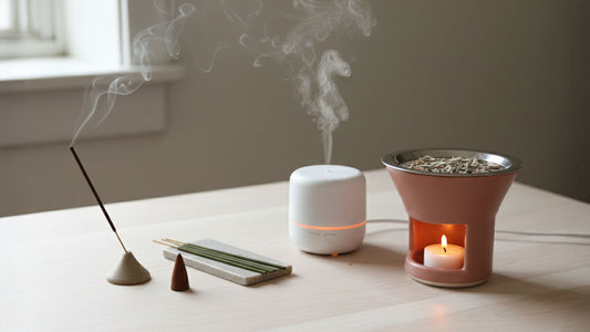 Different incense types including stick, diffuser, and smoke free botanical warmer on a table.