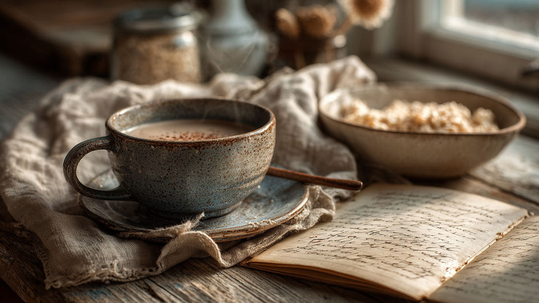 A cozy breakfast scene with a ceramic cup of tea, an open handwritten journal, and a bowl of oatmeal on a rustic wooden table bathed in soft morning light.