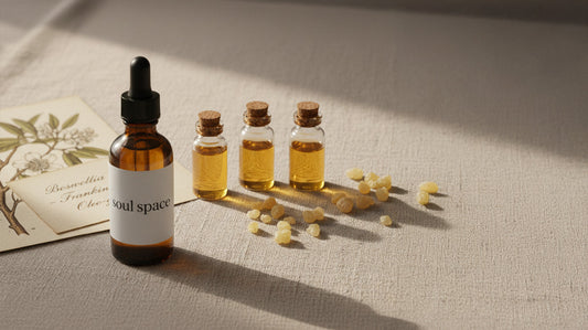 Amber glass bottles of frankincense essential oil and golden Boswellia resin on linen cloth in soft natural light, with Soul Space label and botanical illustration.