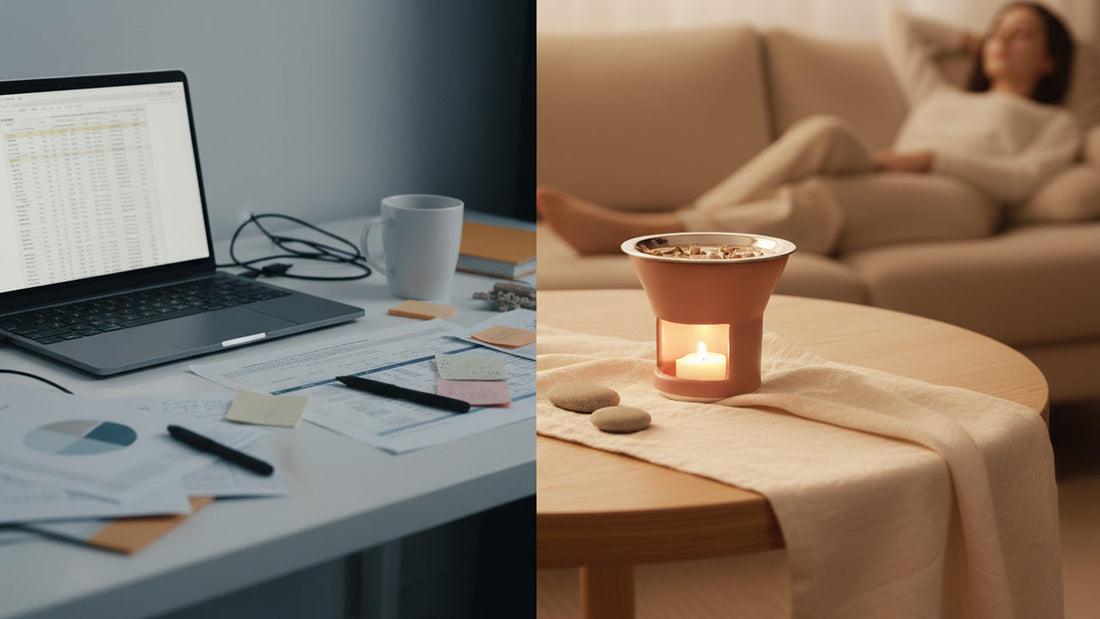 Split image showing a cluttered work desk on the left and a calm living space with Soul Space incense and warm candlelight on the right, symbolizing the shift from busy to calm.