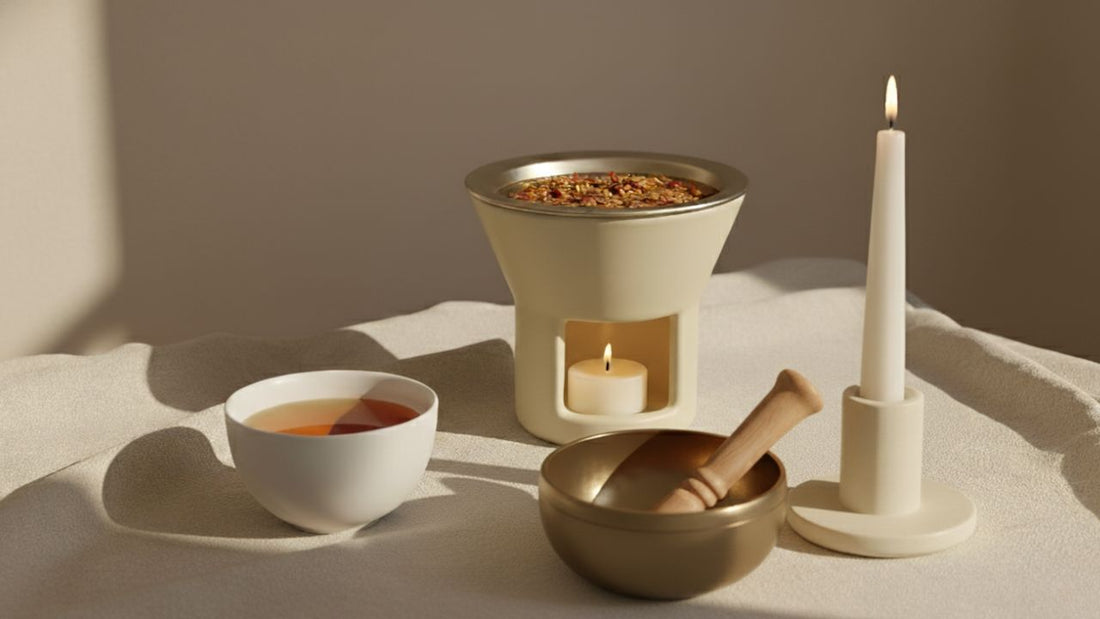 Incense warmer with a tealight, candle, cup of tea, and singing bowl in warm natural light on a linen surface.