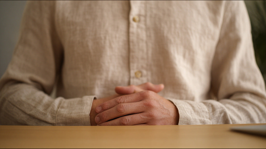 Close-up of hands resting gently on a desk in a calm, mindful posture, symbolizing stillness and awareness at work.