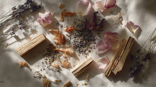 Dried lavender, rose petals, and palo santo arranged in soft natural light, evoking the art of blending natural scents.
