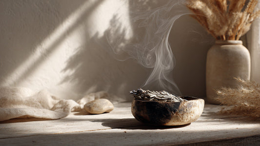 A gentle wisp of smoke rising from a natural bowl of white sage in warm sunlight, surrounded by soft linen and dried plants, creating a calm and sacred atmosphere.