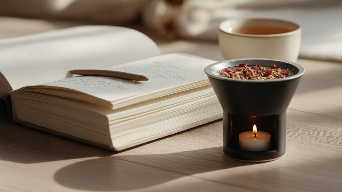A serene Sunday morning scene with an open journal, a cup of tea, and a softly glowing tealight warmer releasing a gentle aroma. Warm natural light falls across a wooden surface, creating a calm and reflective atmosphere.