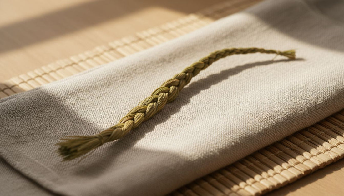 A single braid of sweetgrass resting on a folded linen cloth in warm natural light, symbolizing calm, mindfulness, and connection to nature.