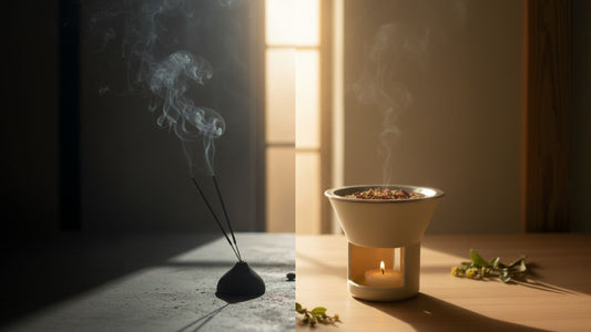 Side-by-side image comparing traditional incense sticks releasing dark smoke on the left and a clean heat-release incense warmer with soft vapor and candlelight on the right, symbolizing toxic versus clean incense.