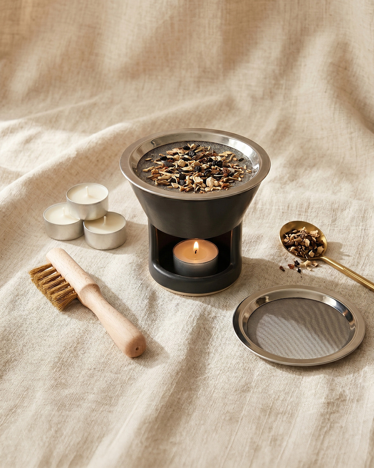 Incense holder accessories with replacement screen, brush, spoon, and tealights