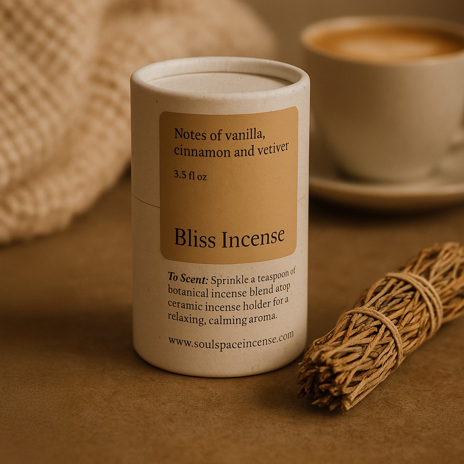 Bliss Incense container with vetiver bundle and a cup of coffee on a brown background
