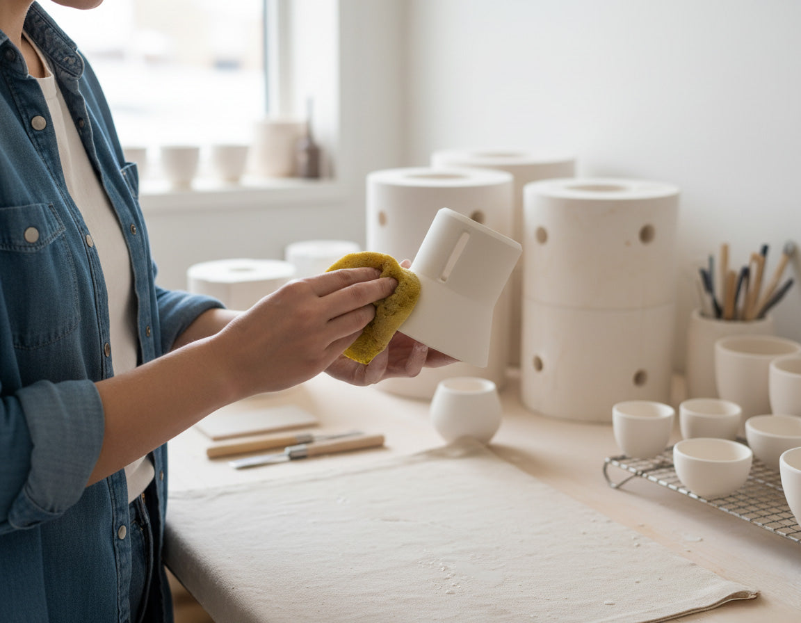 A ceramic incense holder being finished by hand in a pottery studio