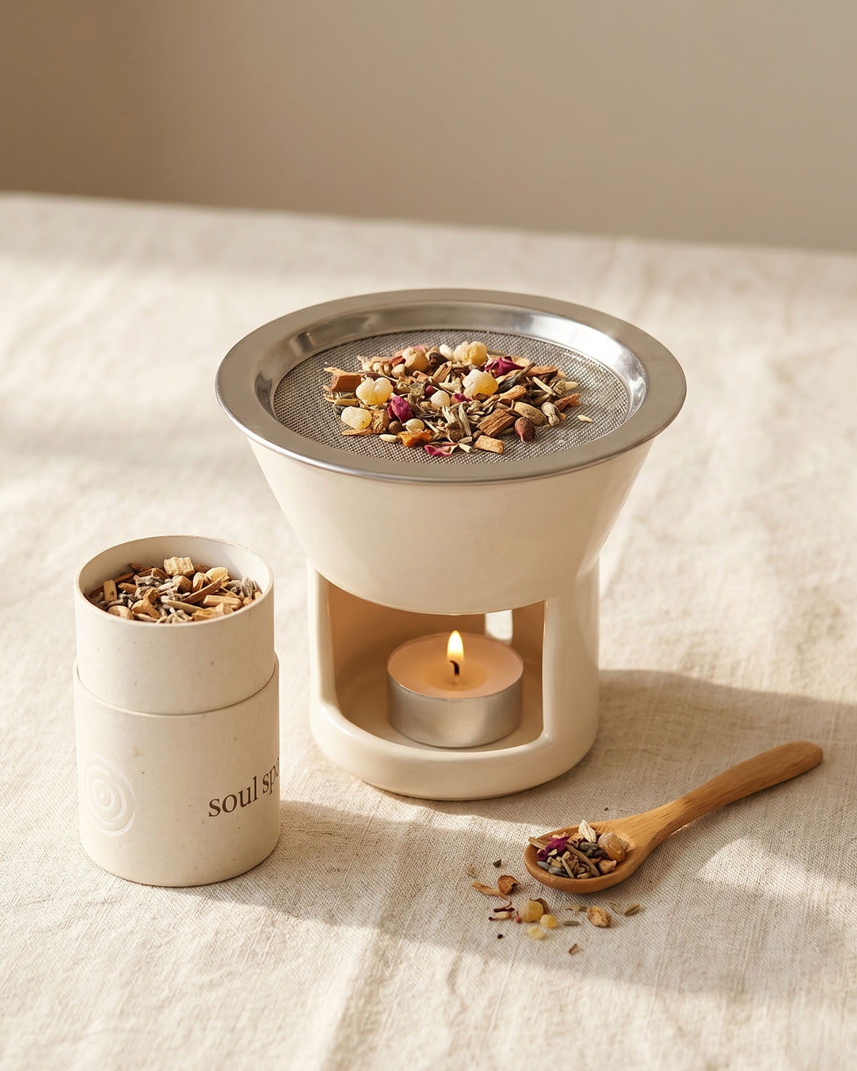 Soul Space botanical incense blends with ceramic incense warmer and loose aromatic botanicals