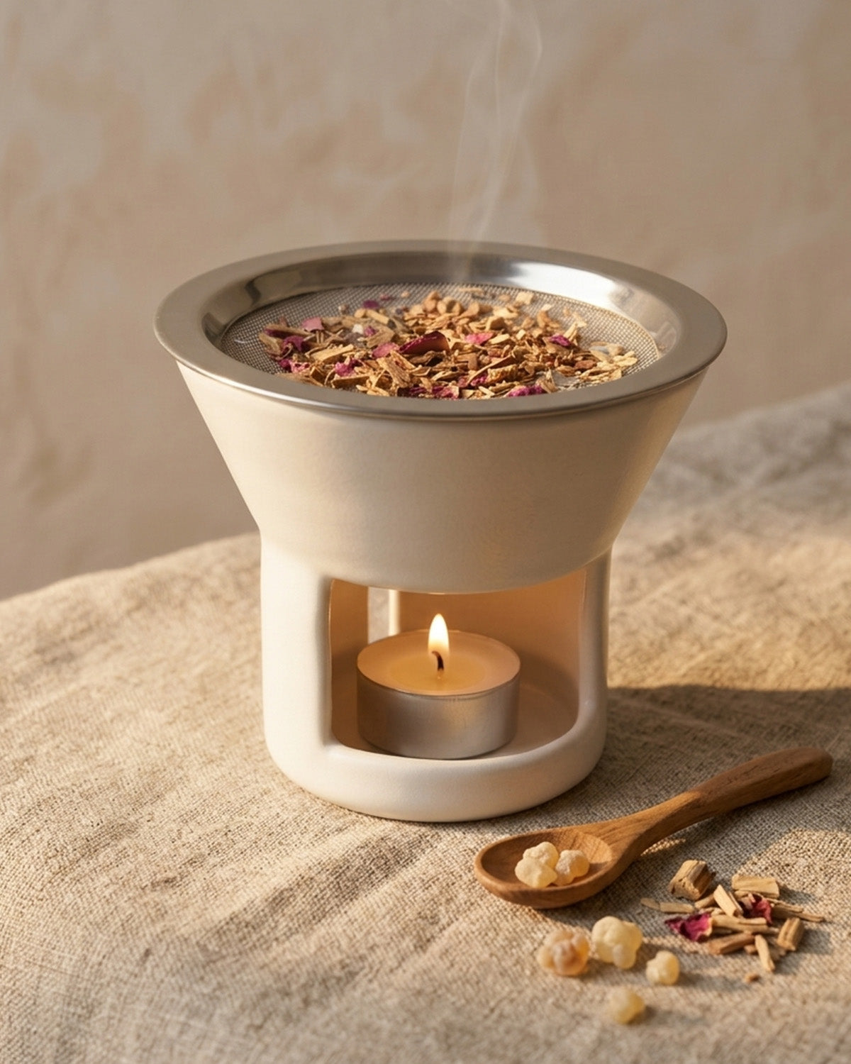 Ceramic incense holder warming loose botanical incense with a tealight