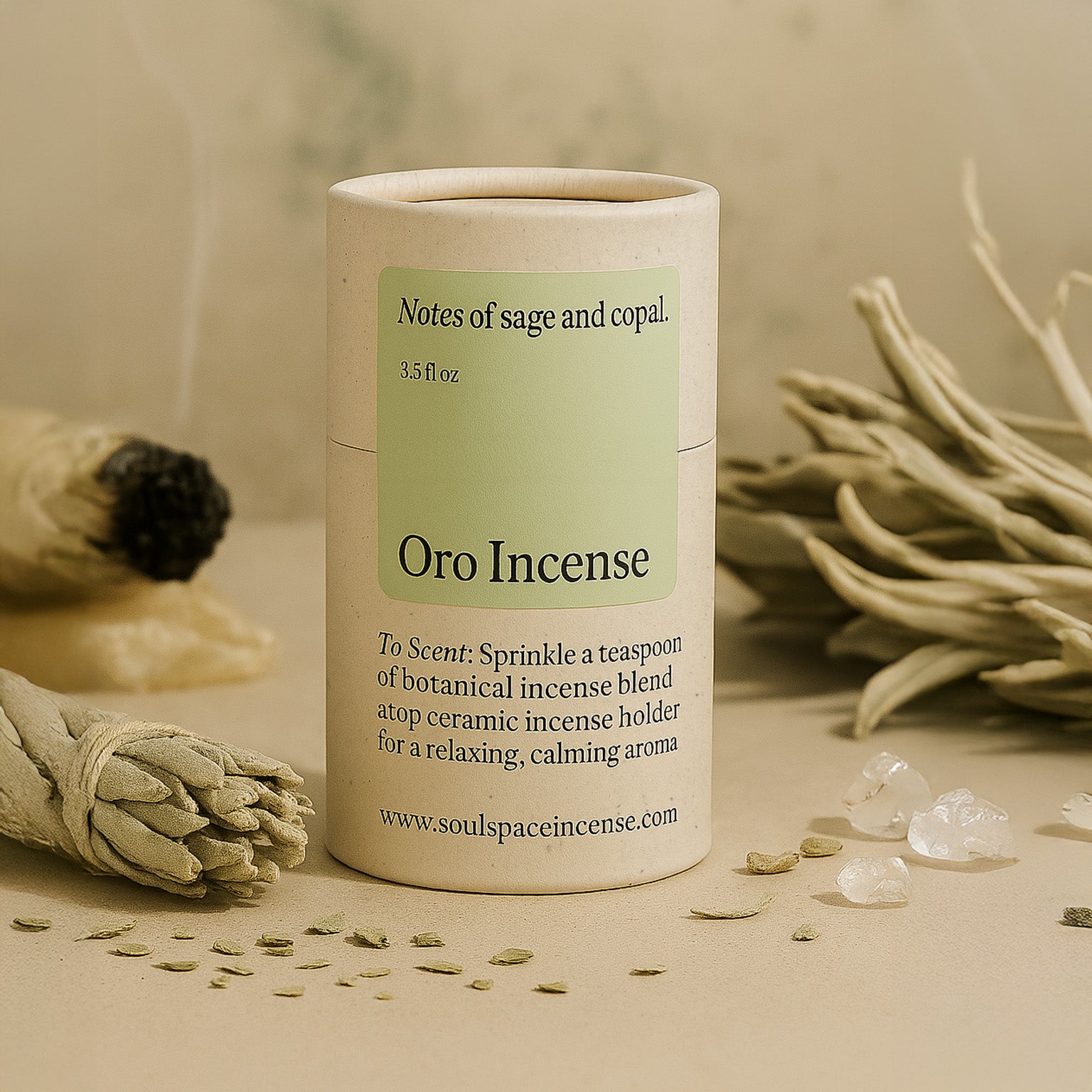Oro Incense container with sage and crystals on a neutral background