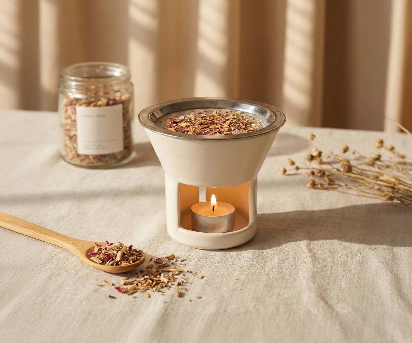 Ceramic incense warmer with loose botanical incense and glass jars of aromatic materials