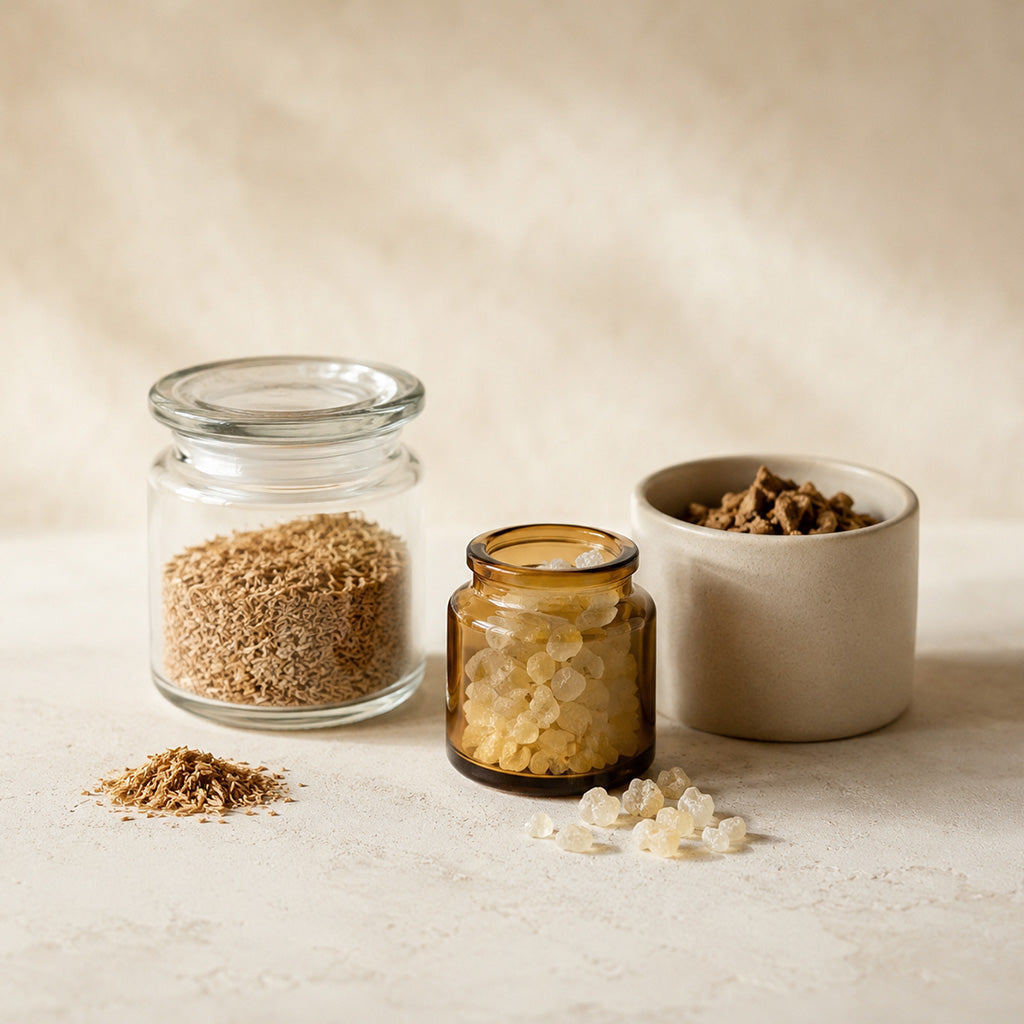 Glass jars and ceramic bowls holding resin and aromatic wood materials
