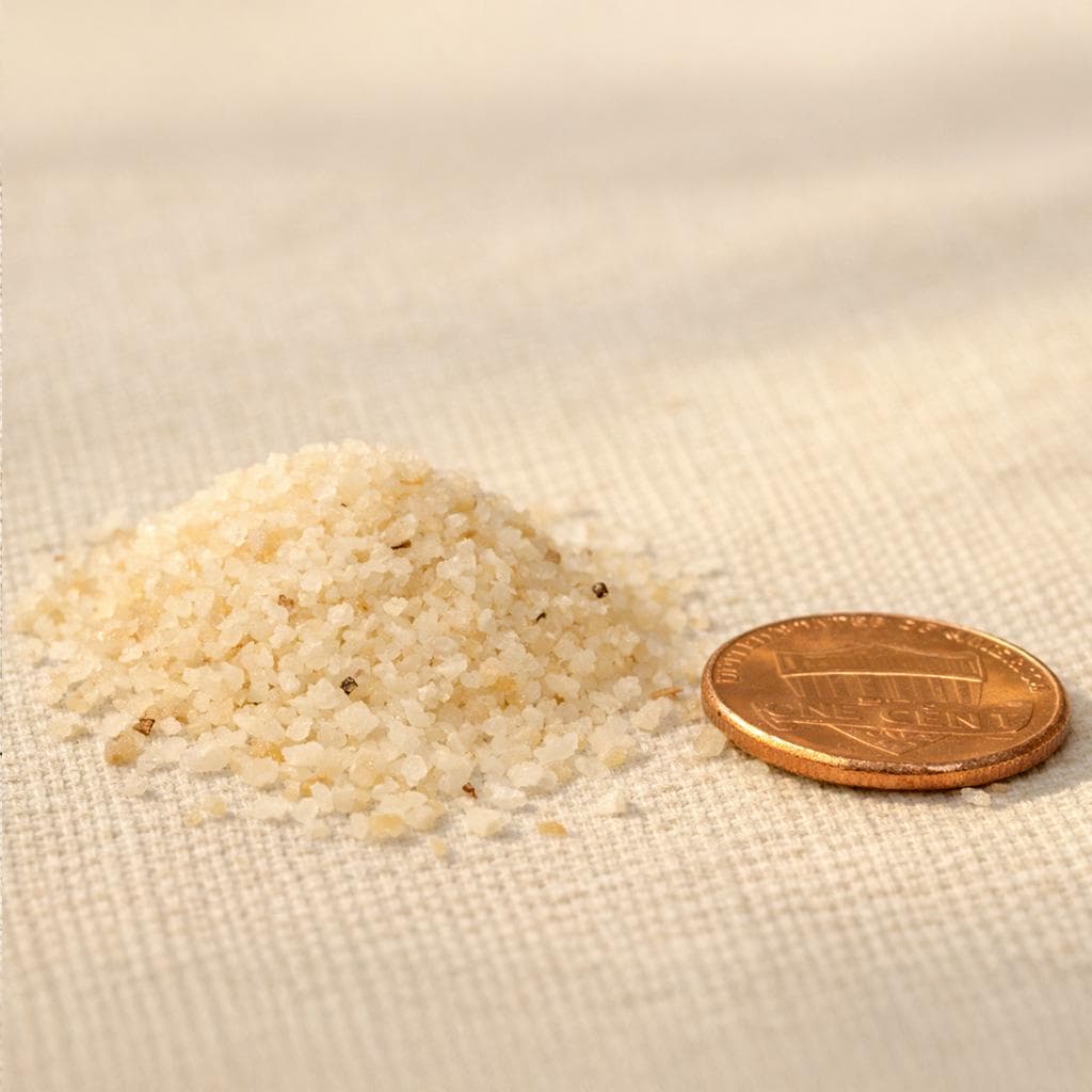 Frankincense sand beside a penny showing the fine resin granule size