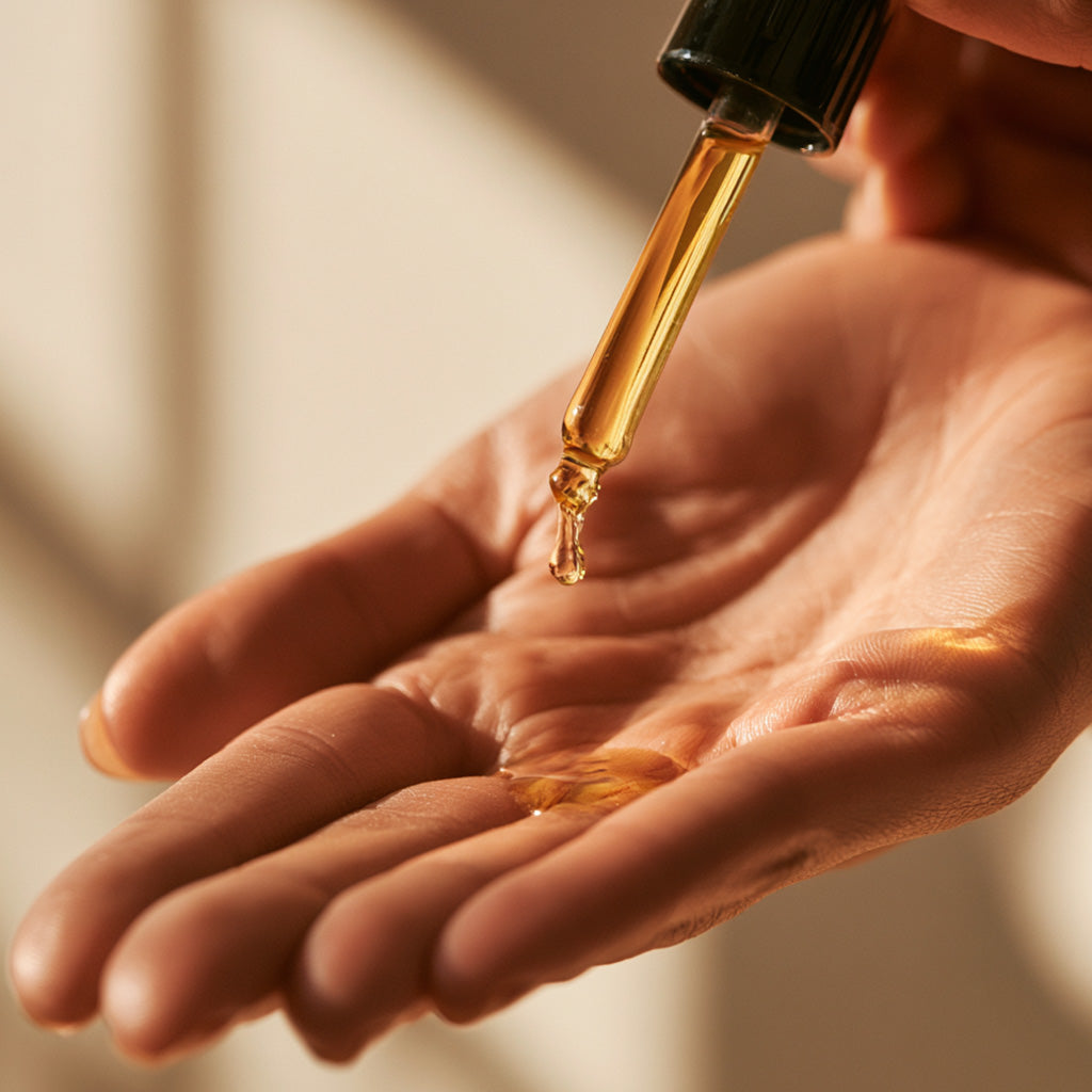 Dropper dispensing facial oil into an open hand