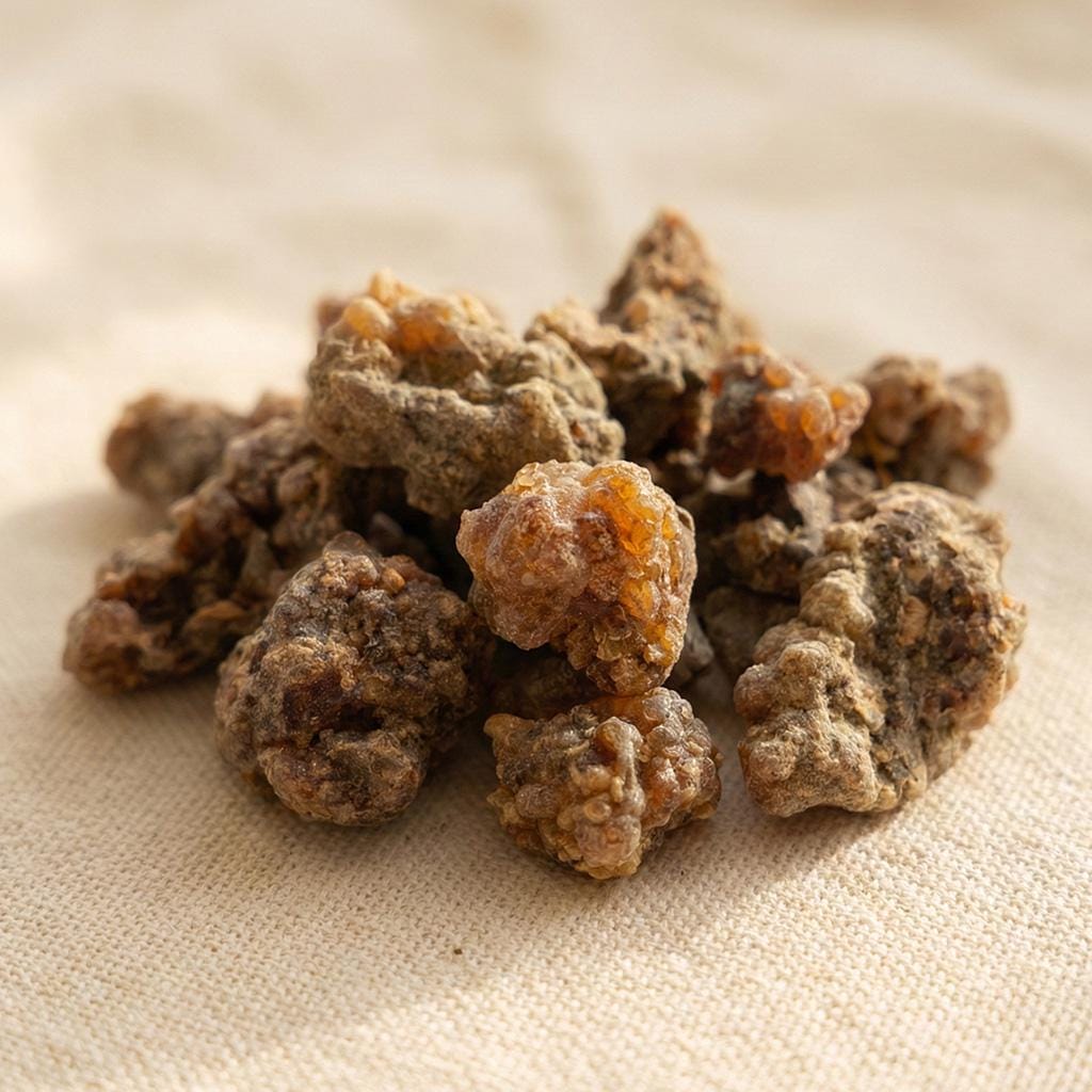 Myrrh resin large pieces on natural fabric