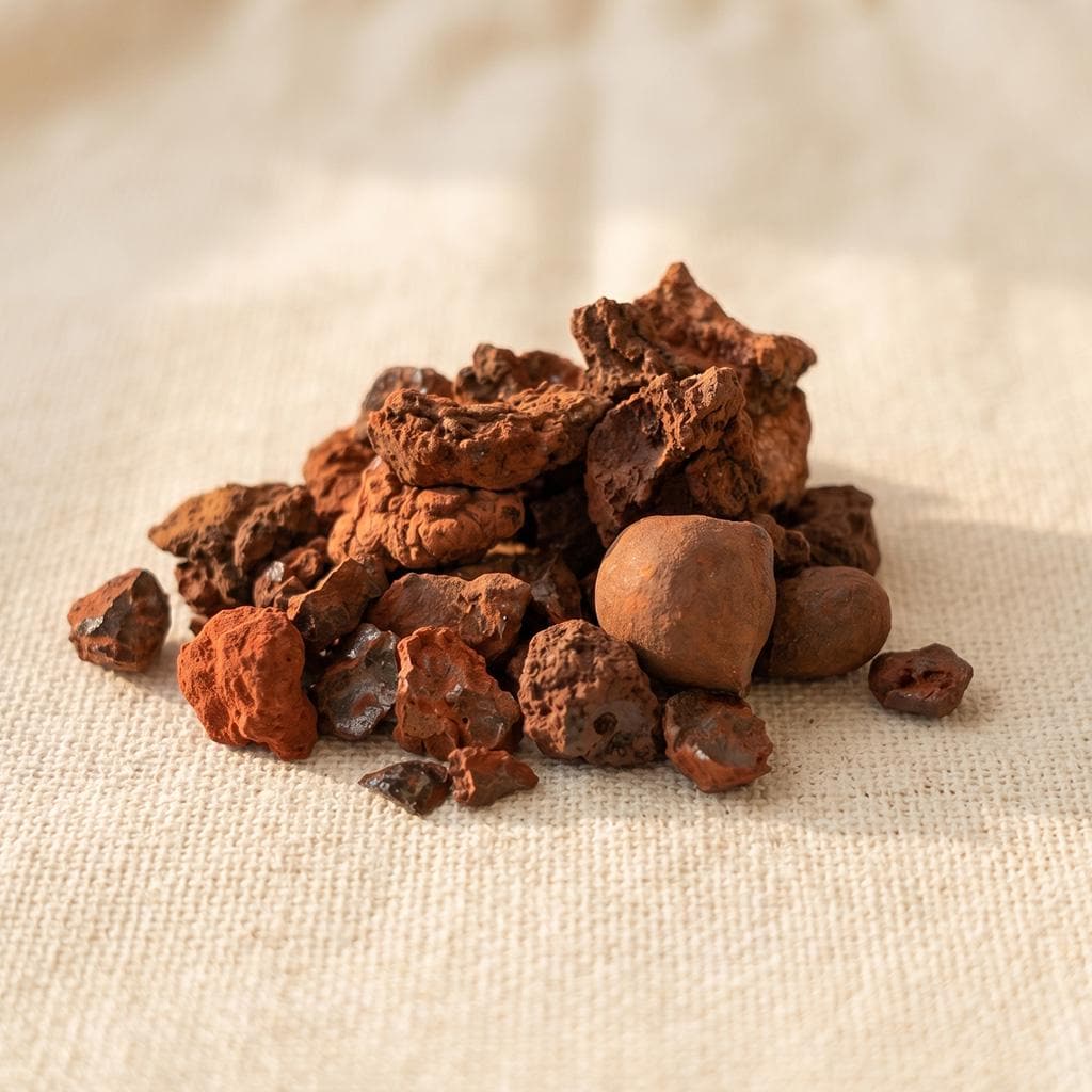 Deep crimson Dragon's Blood resin pieces on woven cream fabric