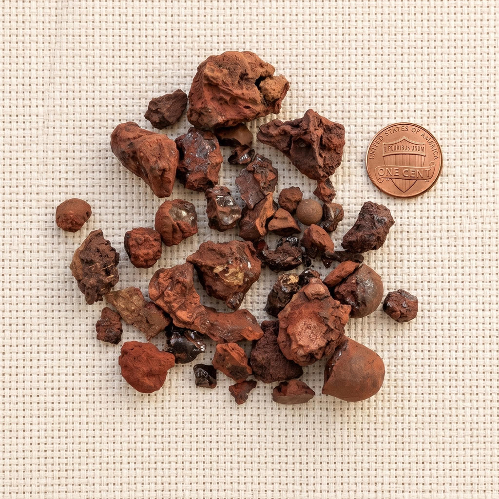 Dragon's Blood resin pieces beside a U.S. penny for scale