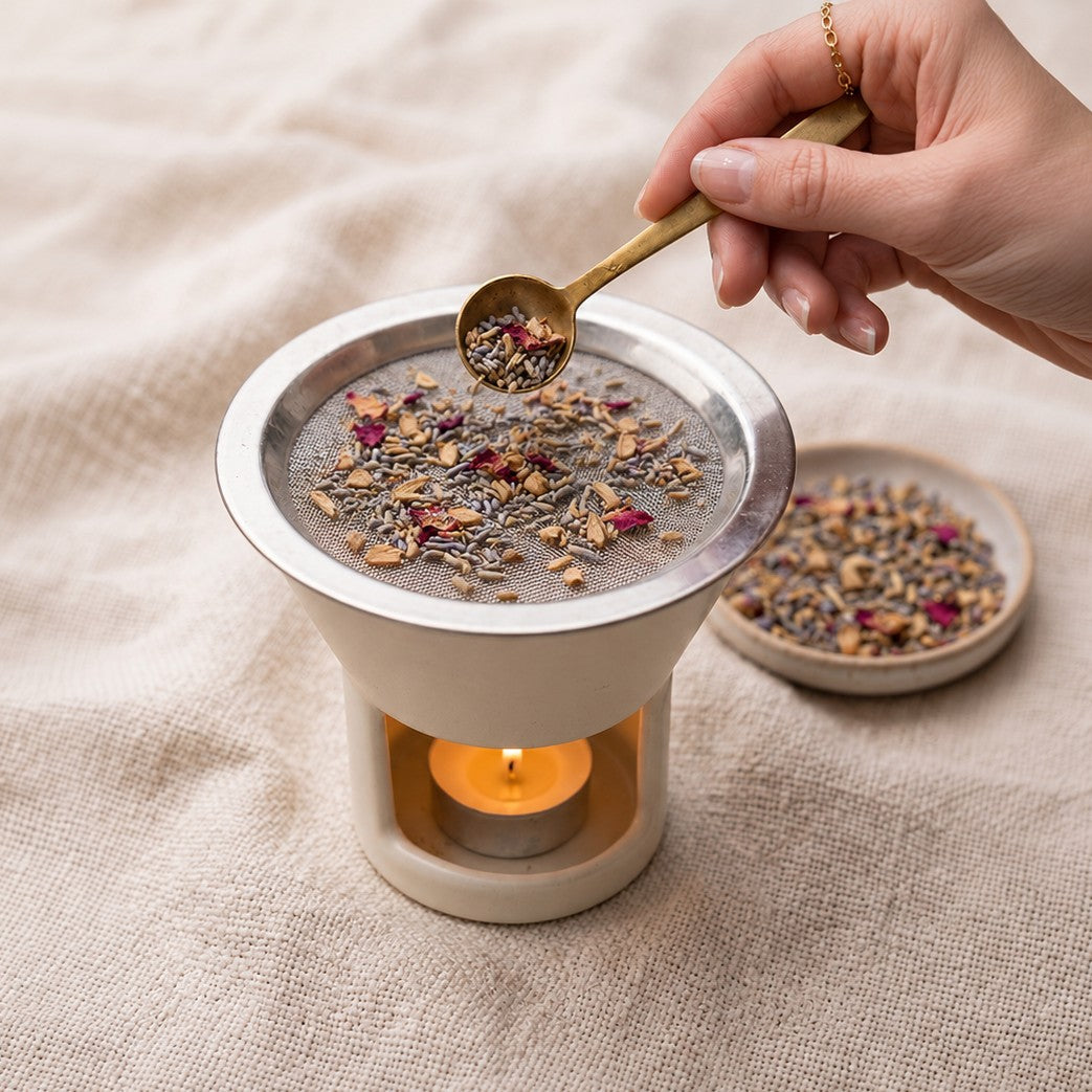 Hand adding loose botanical incense to a ceramic warmer’s stainless-steel mesh screen