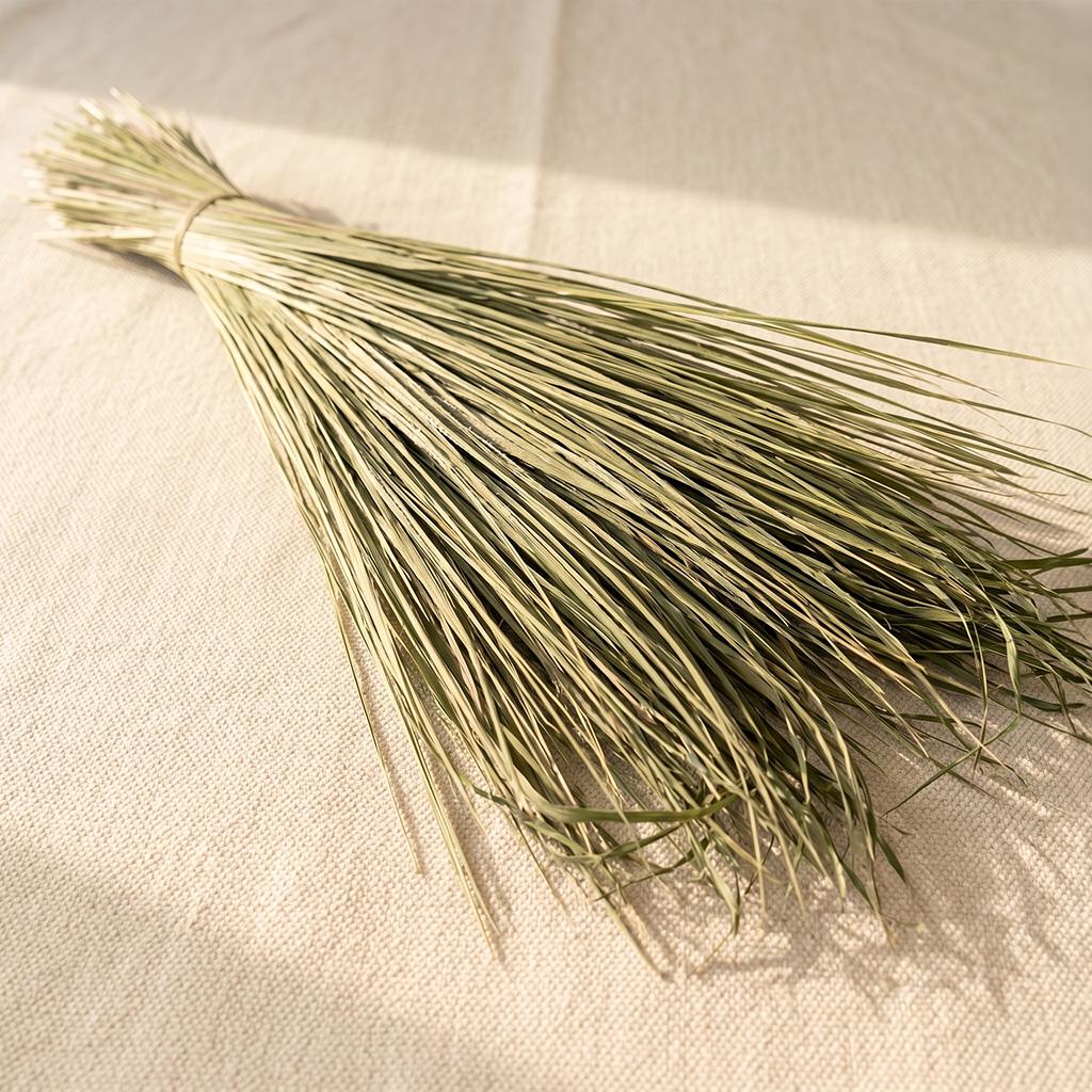 Loose certified organic sweetgrass strands bundled on a neutral fabric surface