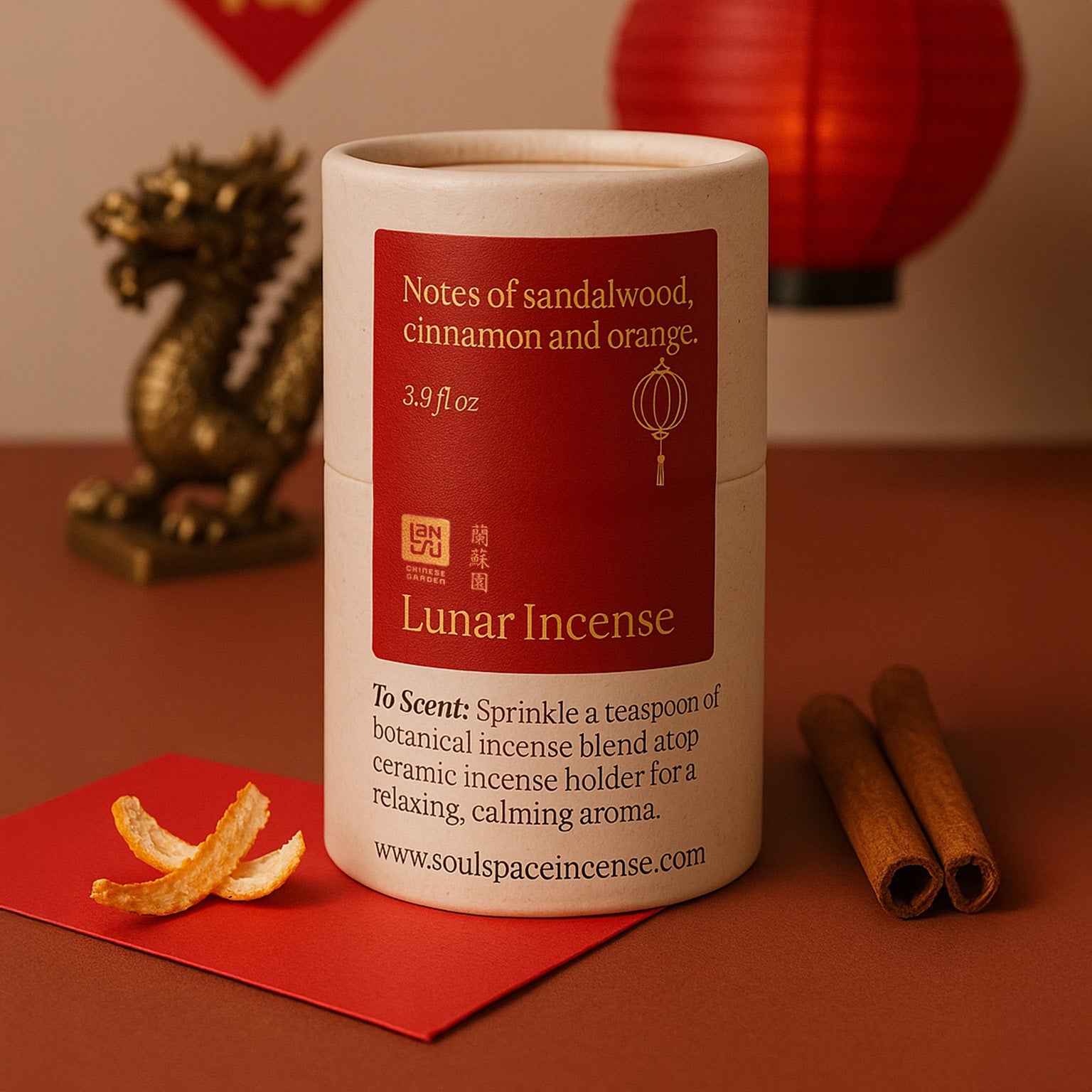 Lunar Incense container with sandalwood, cinnamon, and orange notes on a red background.