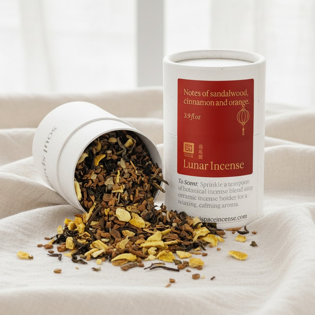 Lunar Incense with sandalwood, cinnamon, orange, and jasmine green tea on a soft surface