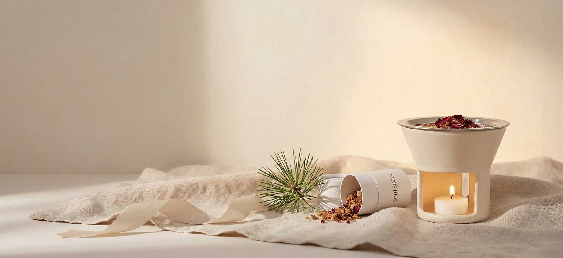 Soul Space ceramic incense warmer with loose botanical incense and a lit tealight