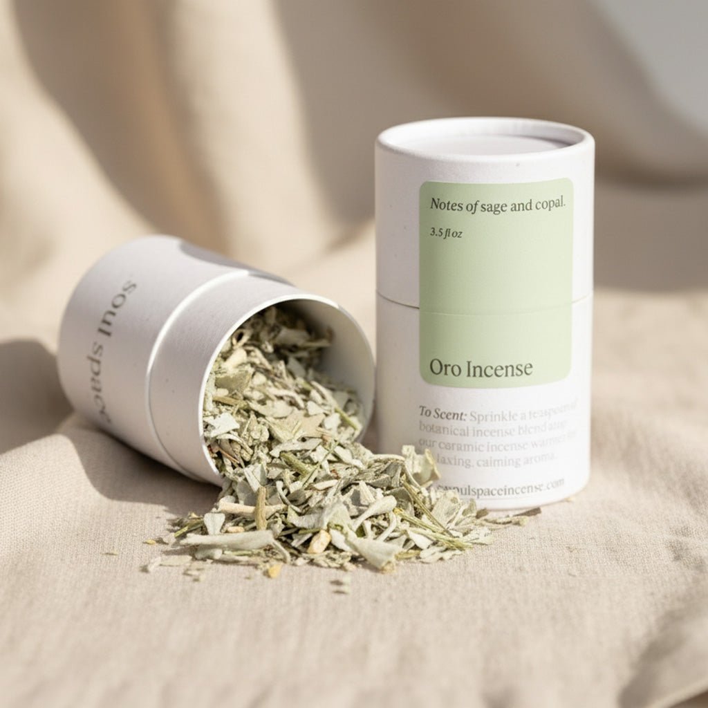Oro Incense with white sage, sweetgrass, and copal botanical blend on a soft background