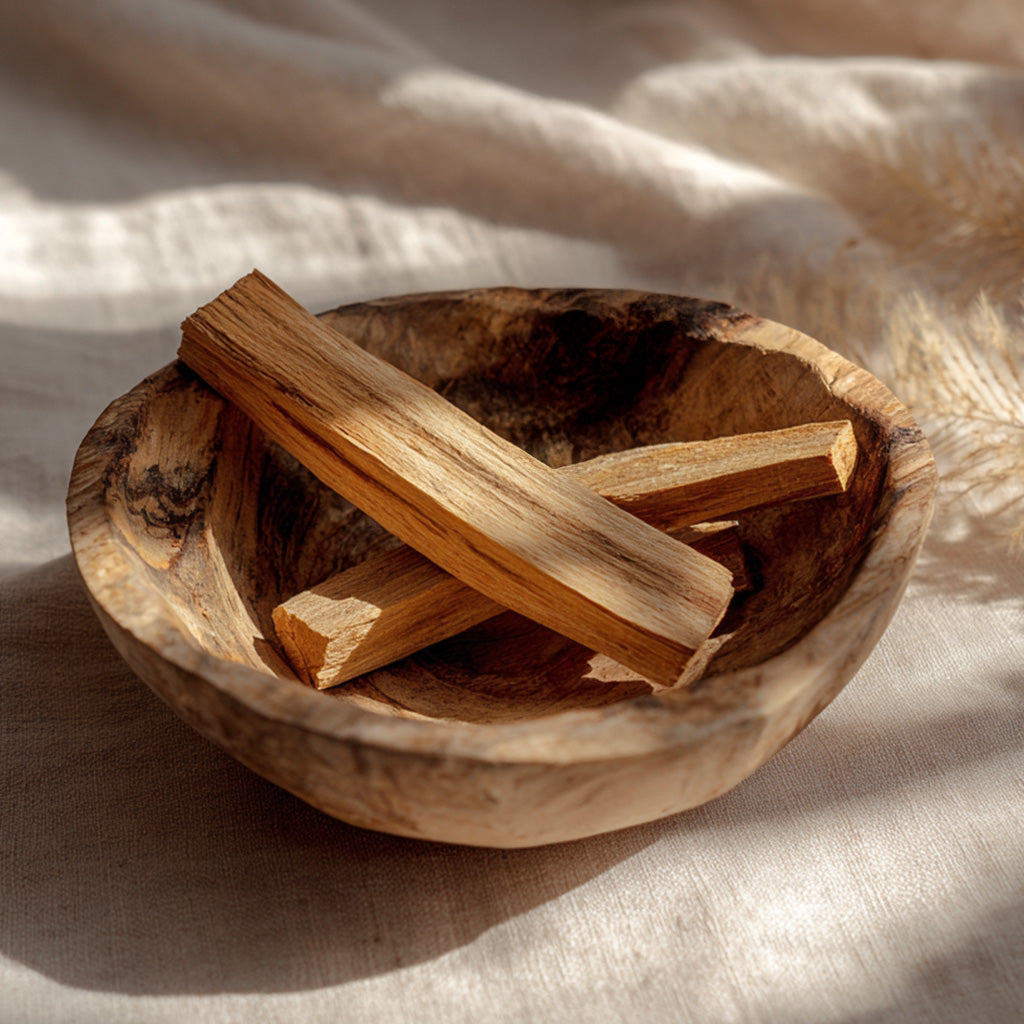 Palo santo sticks in a bowl used in Soul Space botanical incense
