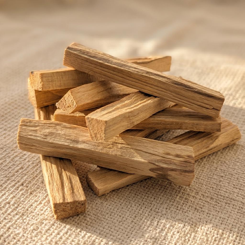 Peruvian Palo Santo wood sticks arranged on a neutral fabric surface