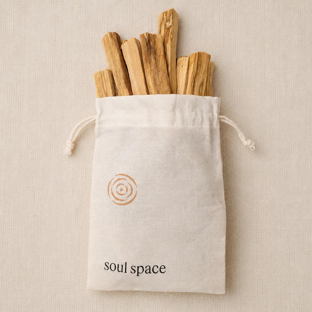 Soul Space cotton drawstring pouch filled with Palo Santo sticks