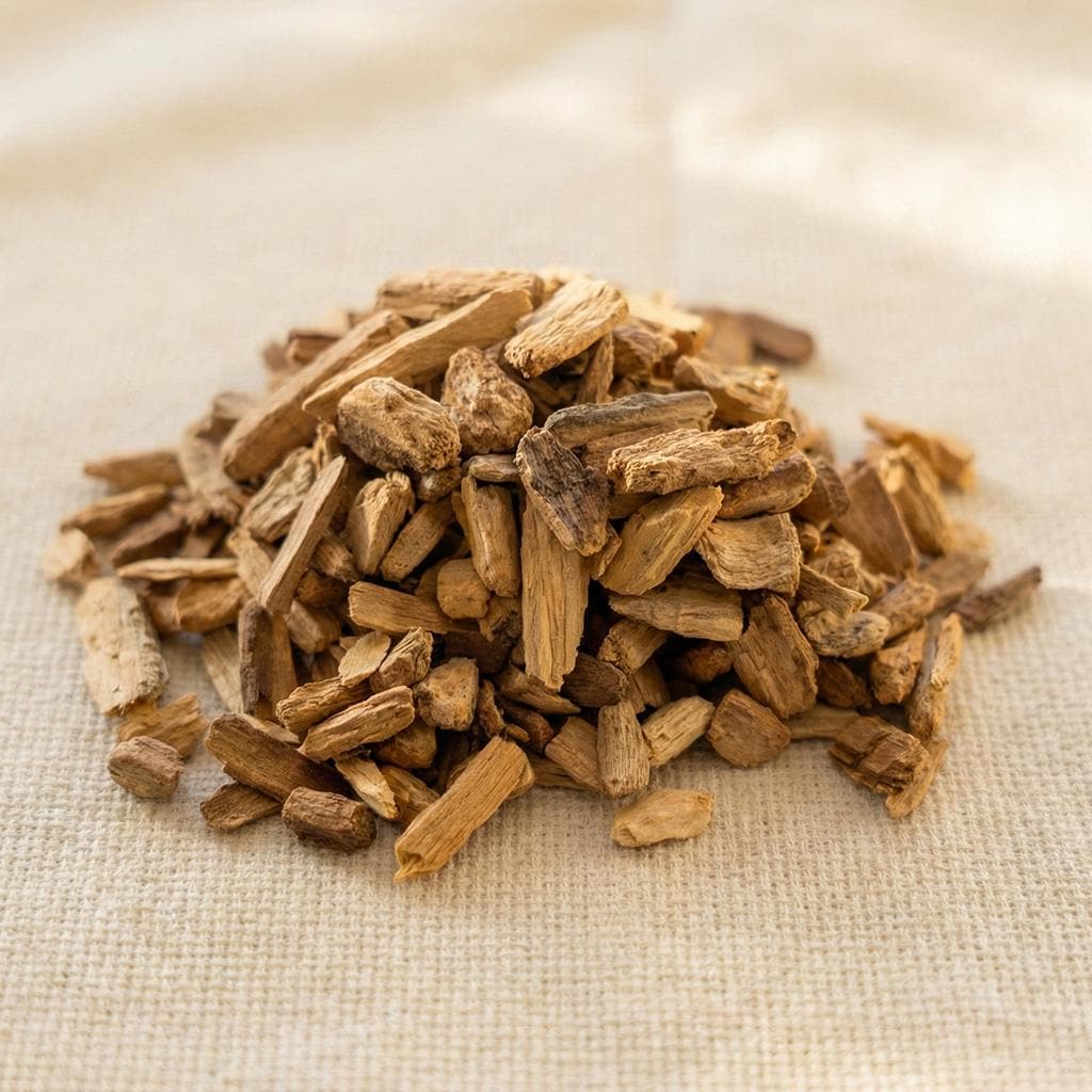 Peruvian Palo Santo wood chips arranged on a neutral fabric surface