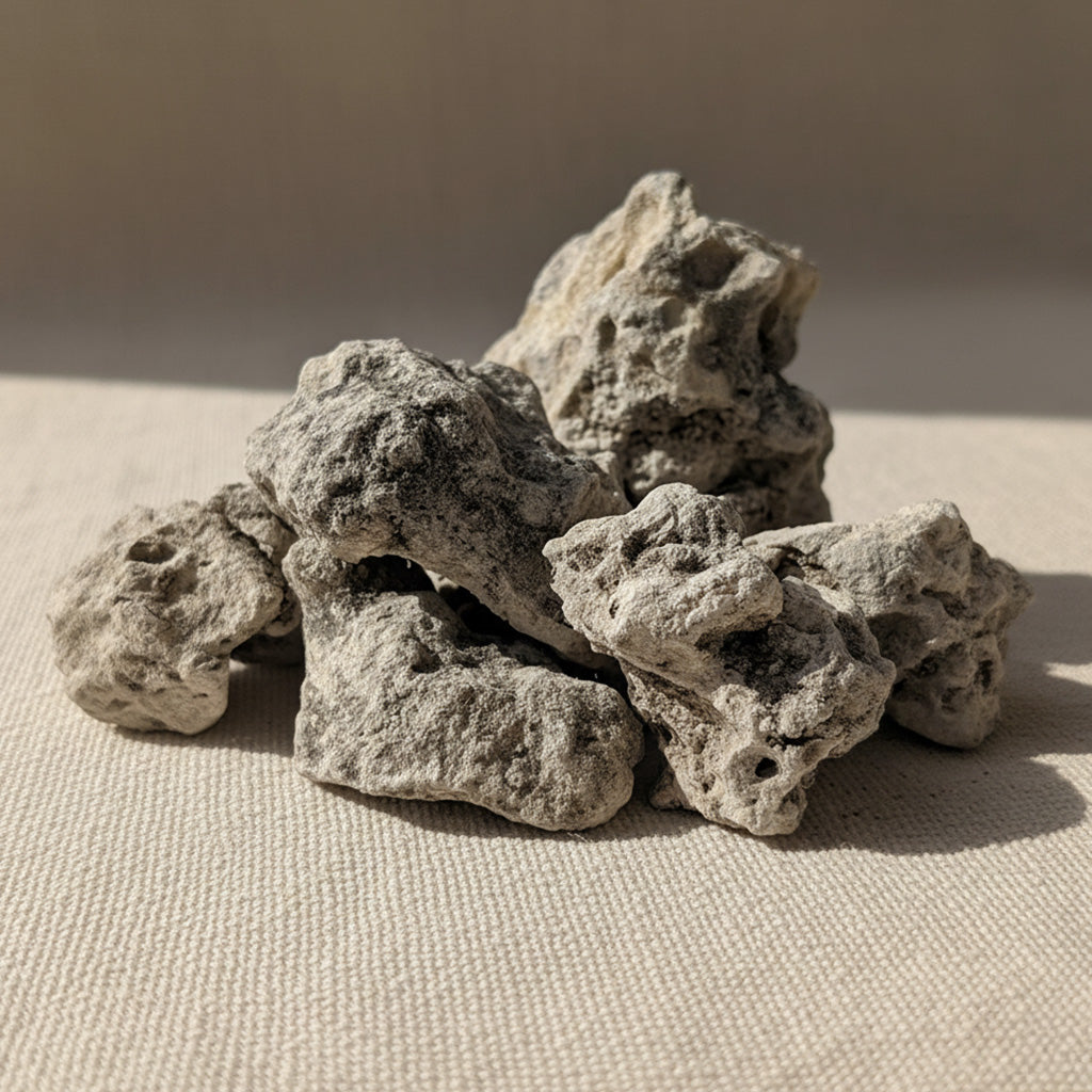 Natural Breu Copal resin pieces from the Amazon rainforest shown on a soft linen background, highlighting their pale, chalky surface and organic texture.